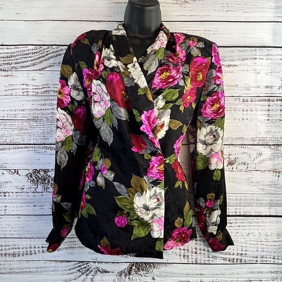 Vintage 100% Silk Wrap Top S Long Sleeve Black Bright Floral Whimsical Statement - Picture 11 of 11
